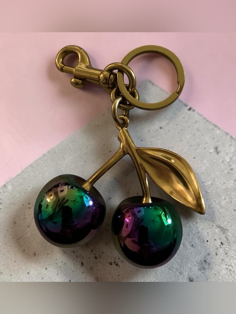 Gold Cherry Keychain with Iridescent Green-Purple Cherries